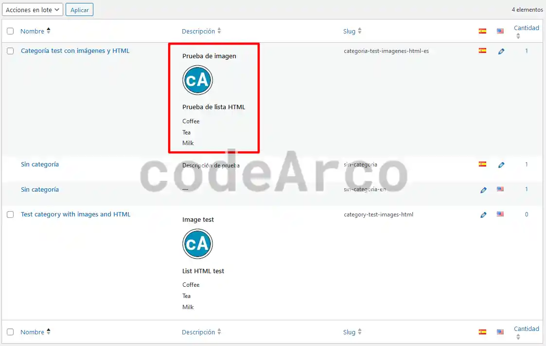 Descripcion categorias con HTML en listado