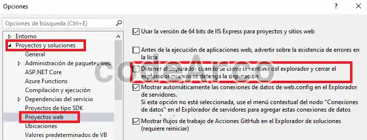 Desactivar detener el depurador cuando se cierre la ventana del navegador