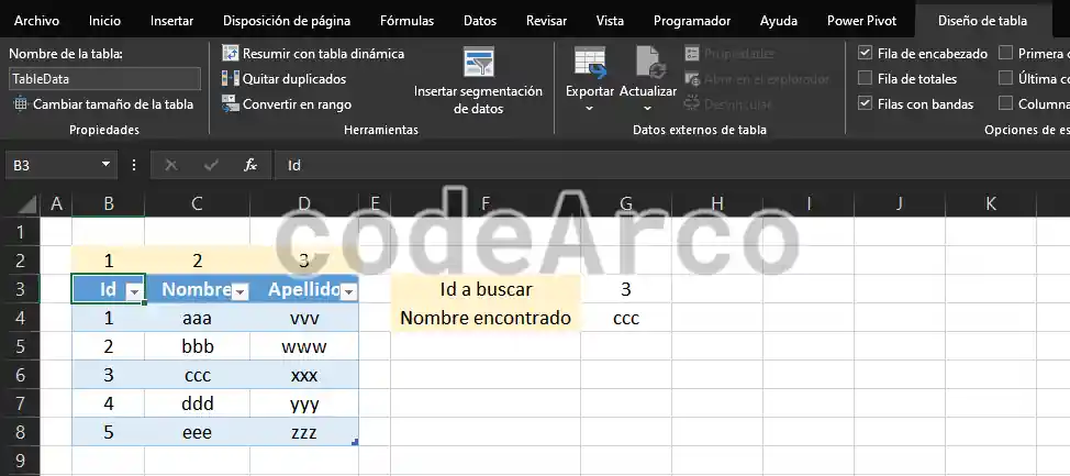 Ejemplo de formula VLOOKUP BUSCARV funcionando correctamente